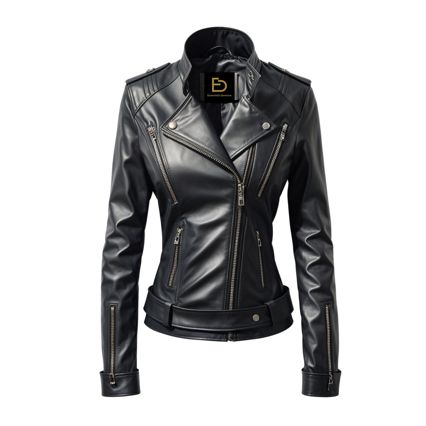 Womens Black Leather Biker Jacket with Silver Zippers, Cropped Moto Coat