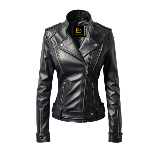 Womens Black Leather Biker Jacket with Silver Zippers, Cropped Moto Coat