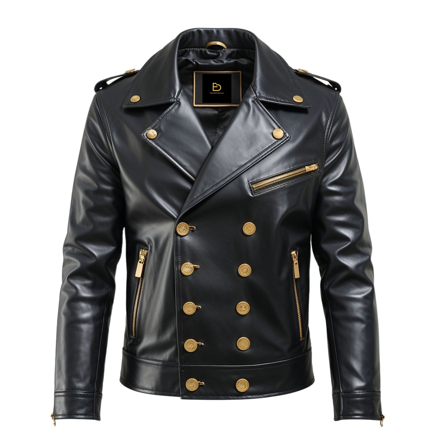 Men Black Leather Double Breasted Jacket Gold Buttons Zipper Accents Luxury Statement Modern Sophisticated
