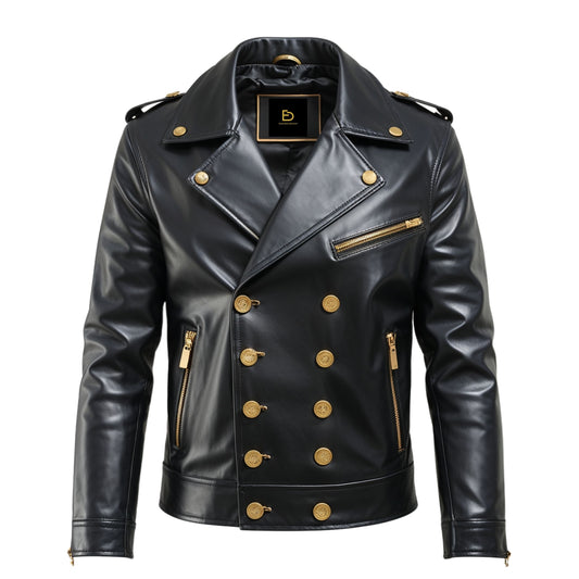 Men Black Leather Double Breasted Jacket Gold Buttons Zipper Accents Luxury Statement Modern Sophisticated