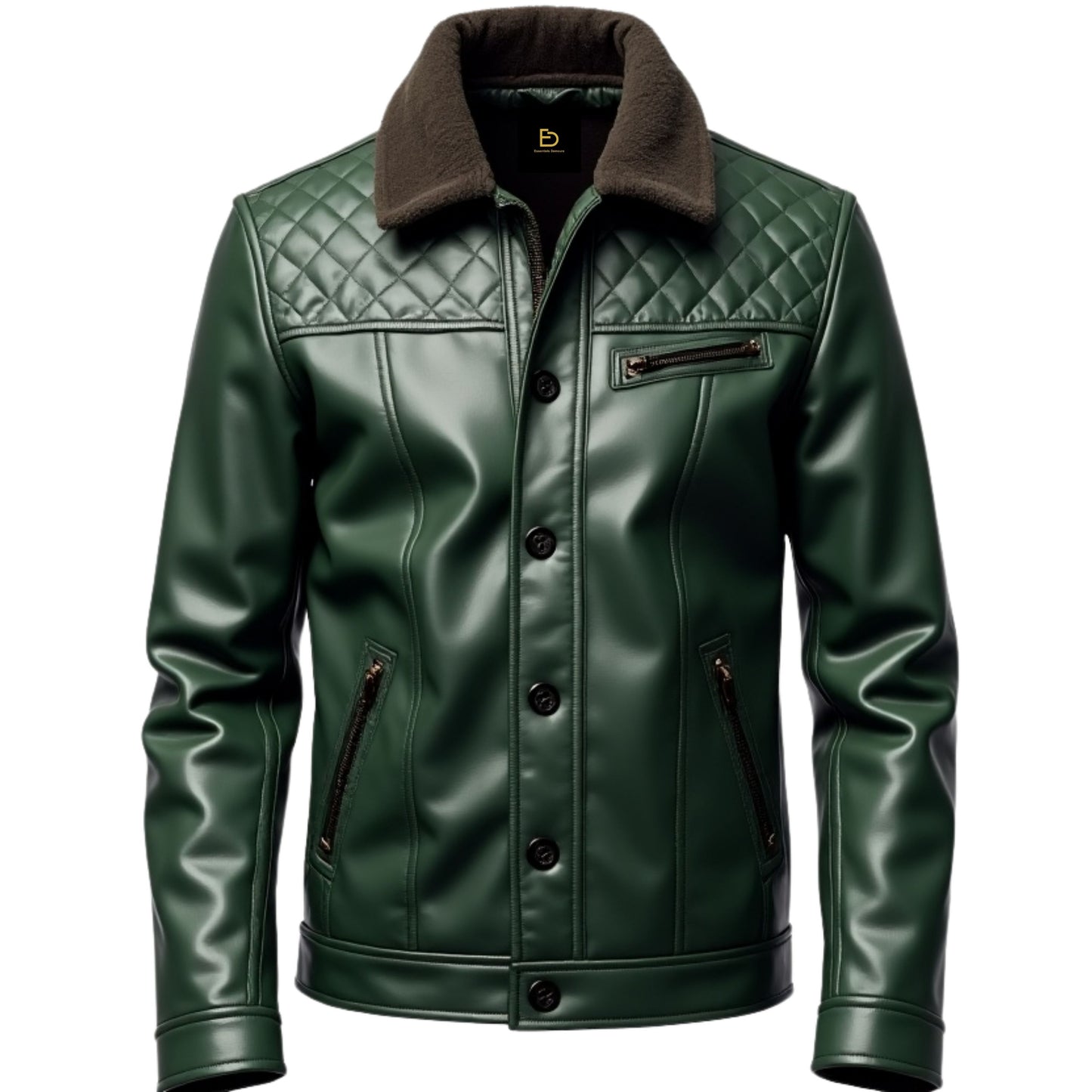Men's Green Quilted Leather Jacket with Shearling Collar – Modern Style Outerwear