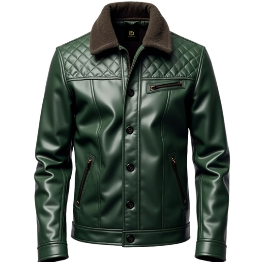 Men's Green Quilted Leather Jacket with Shearling Collar – Modern Style Outerwear