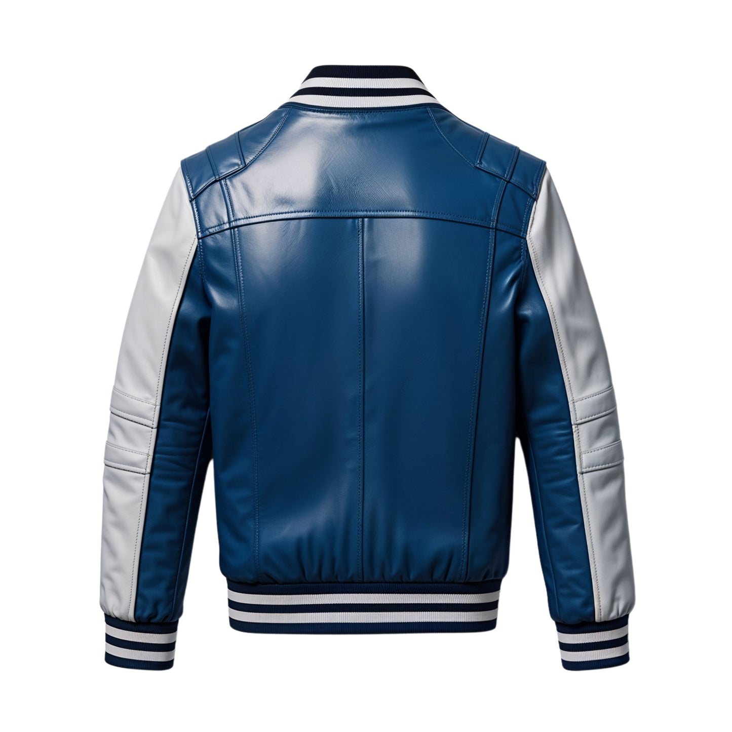 Blue White Leather Varsity Bomber Jacket: Striped Ribbed Hem Snap Button Front