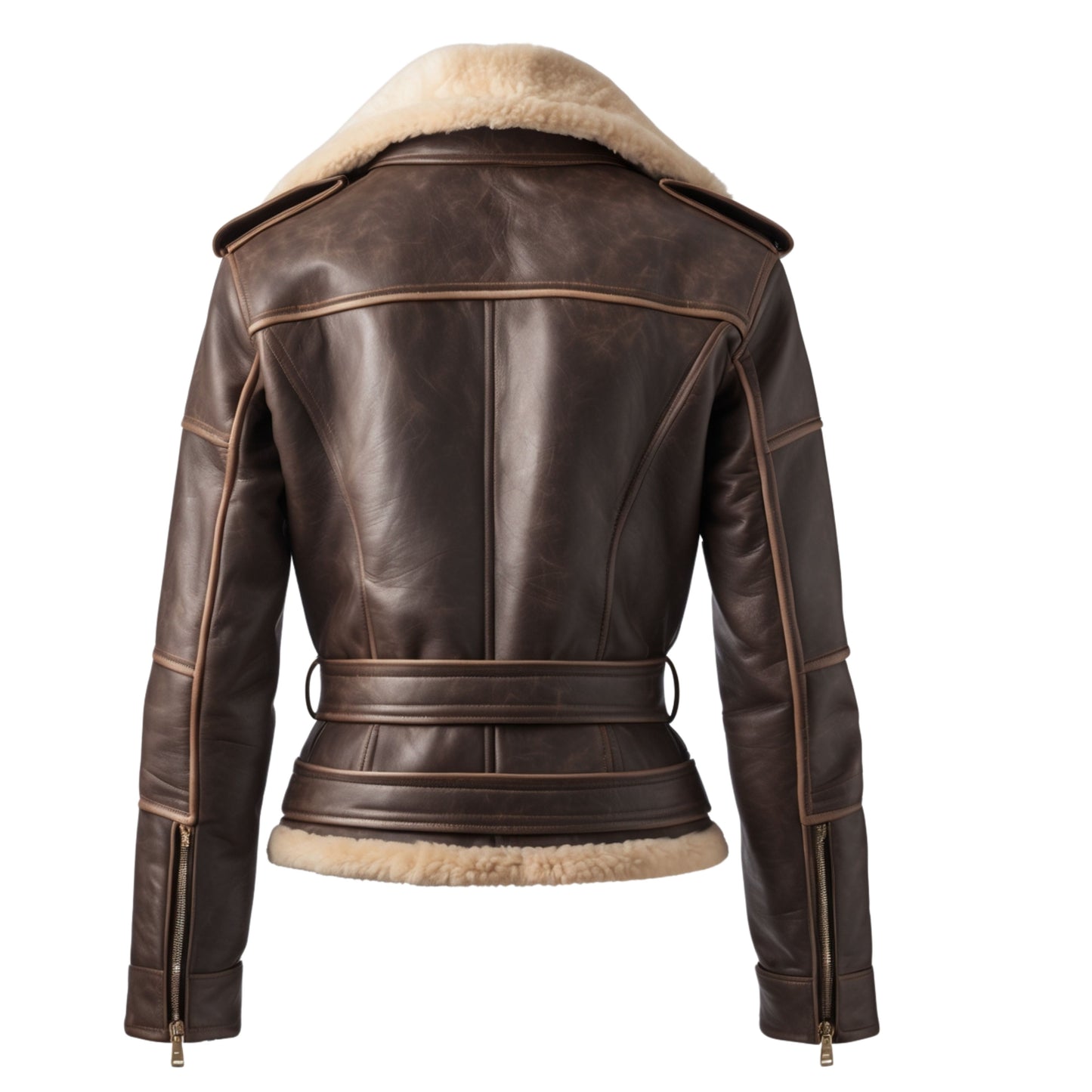 Brown Leather Shearling Collar Aviator Jacket – Belted Moto Biker Coat