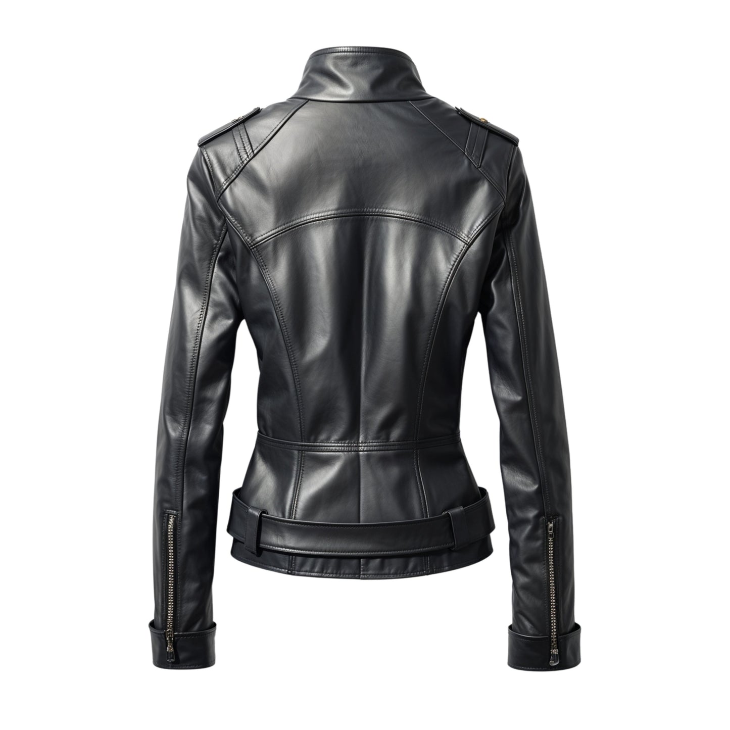 Womens Black Leather Biker Jacket with Silver Zippers, Cropped Moto Coat