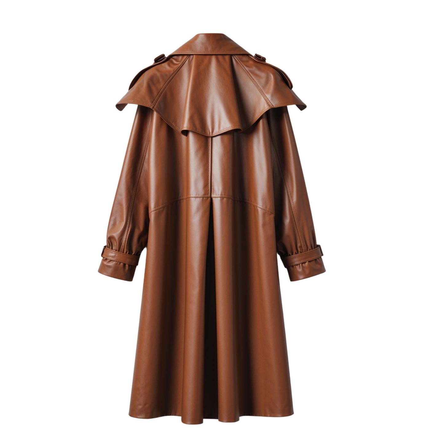 Women Cognac Leather Trench Coat: Belted Wrap Style, Wide Lapel, Buckle Cuffs