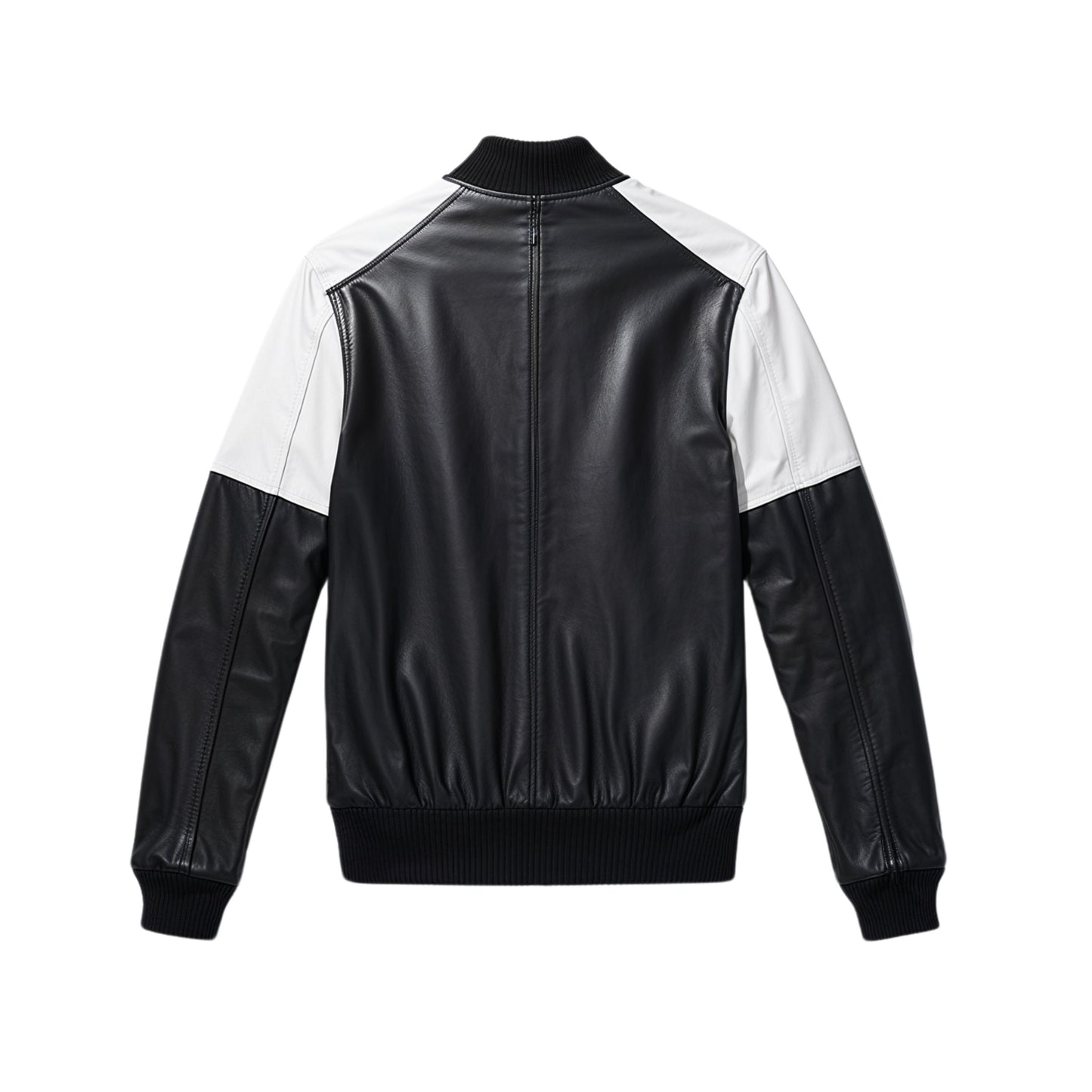 Men's Black White Real Leather Bomber Jacket Contrast Color Block Ribbed Trim Urban Style