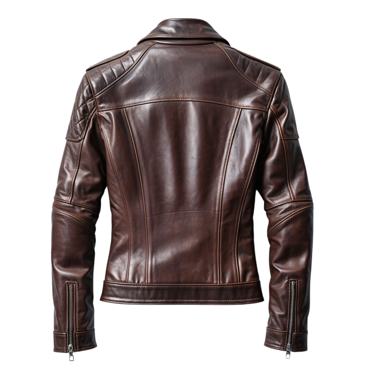 Men's Brown Real Leather Biker Jacket Quilted Shoulders Zippered Pockets Moto Style