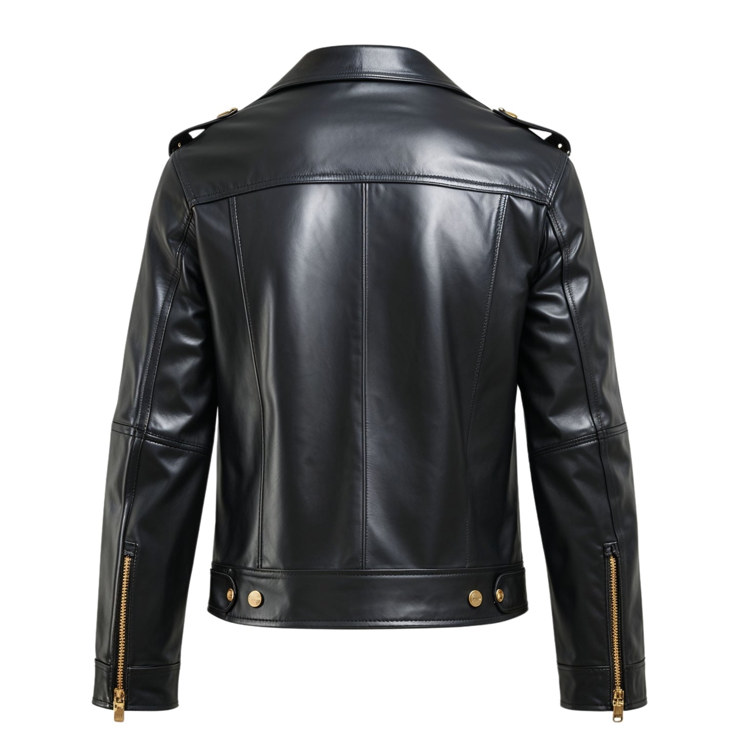 Men Black Leather Double Breasted Jacket Gold Buttons Zipper Accents Luxury Statement Modern Sophisticated