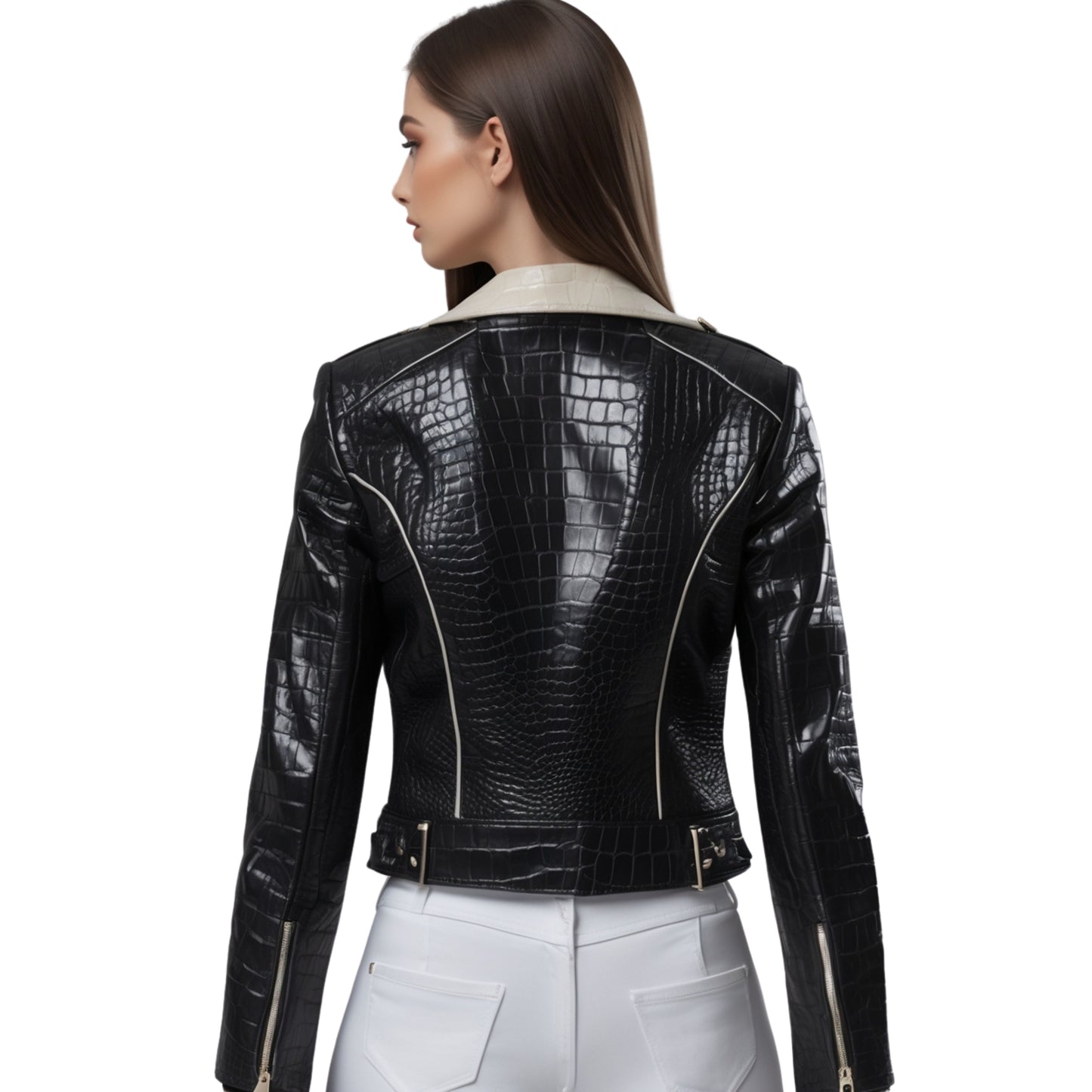 Women's Black Ivory Leather Croc Embossed Moto Jacket Slim Biker Fit
