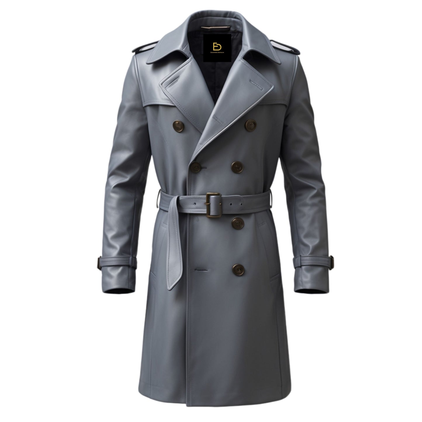 Gray Real Leather Trench Coat: Double Breasted, Belted Waist, Longline Classic Wear