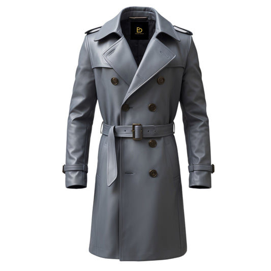 Gray Real Leather Trench Coat: Double Breasted, Belted Waist, Longline Classic Wear