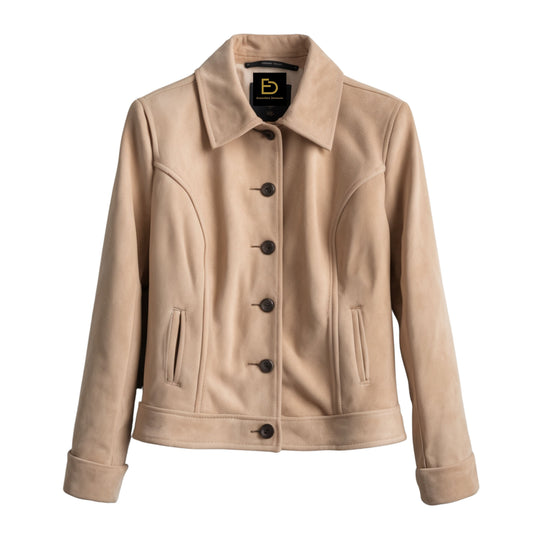 Womens Beige Real Suede Leather Jacket: Button Front, Slim Fit Outerwear