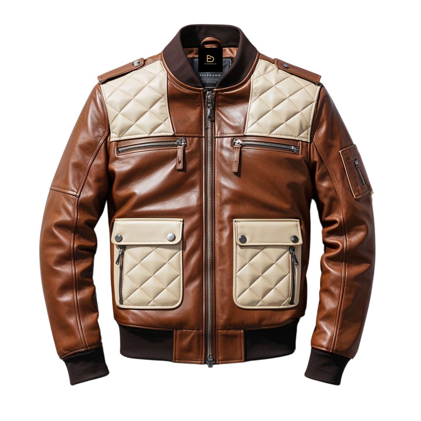Men Real Leather Quilted Brown Bomber Jacket Contrast Diamond Pattern Epaulets Modern Versatile Fashion