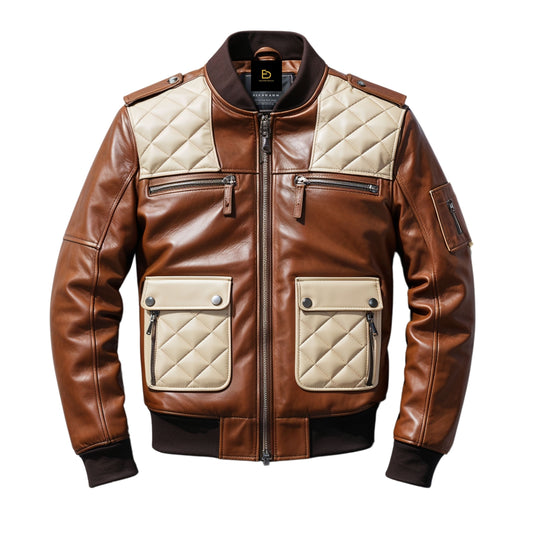 Men Real Leather Quilted Brown Bomber Jacket Contrast Diamond Pattern Epaulets Modern Versatile Fashion