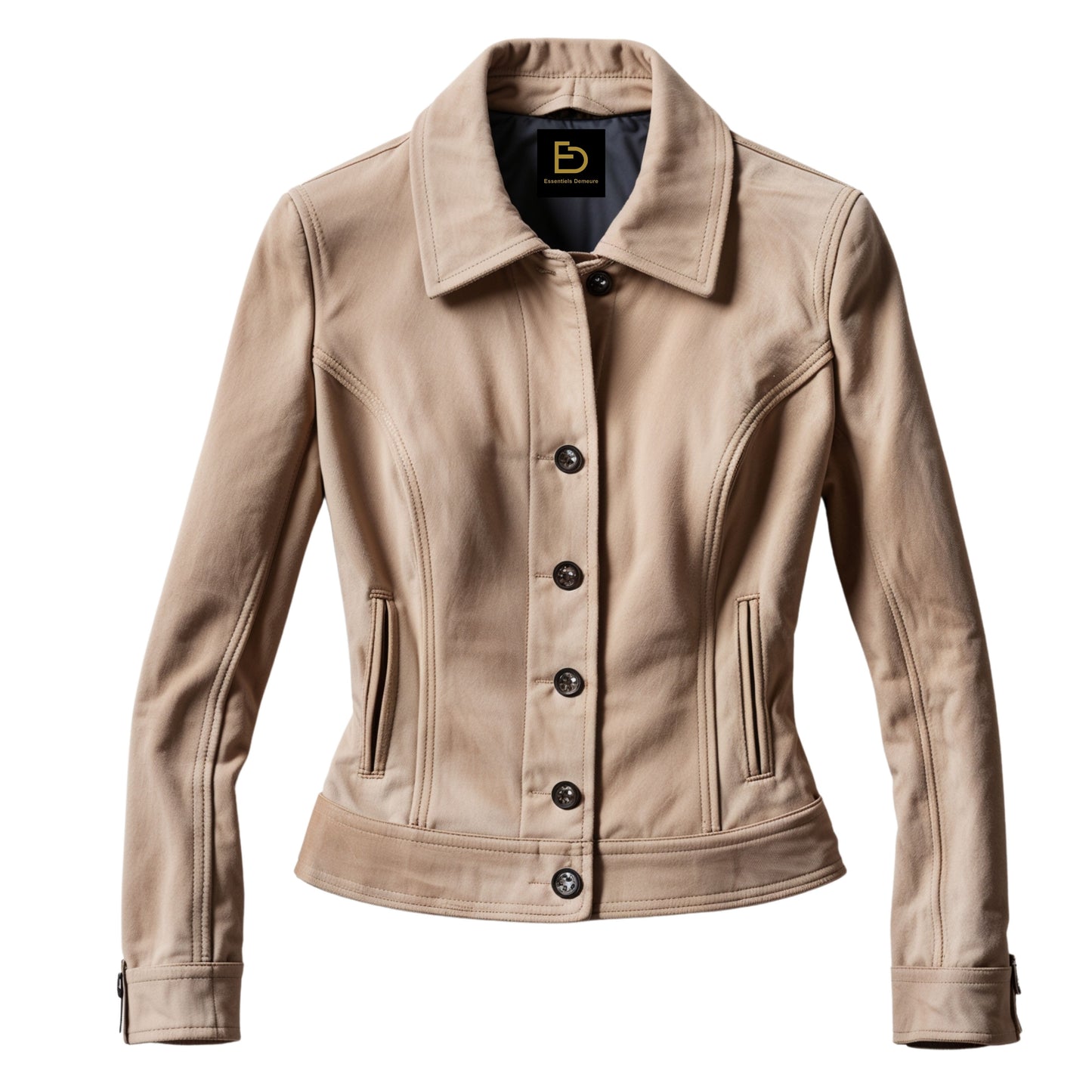 Women's Beige Tan Real Leather Tailored Jacket, Slim Fit Button Front Coat