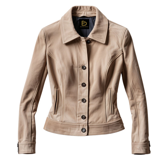 Women's Beige Tan Real Leather Tailored Jacket, Slim Fit Button Front Coat