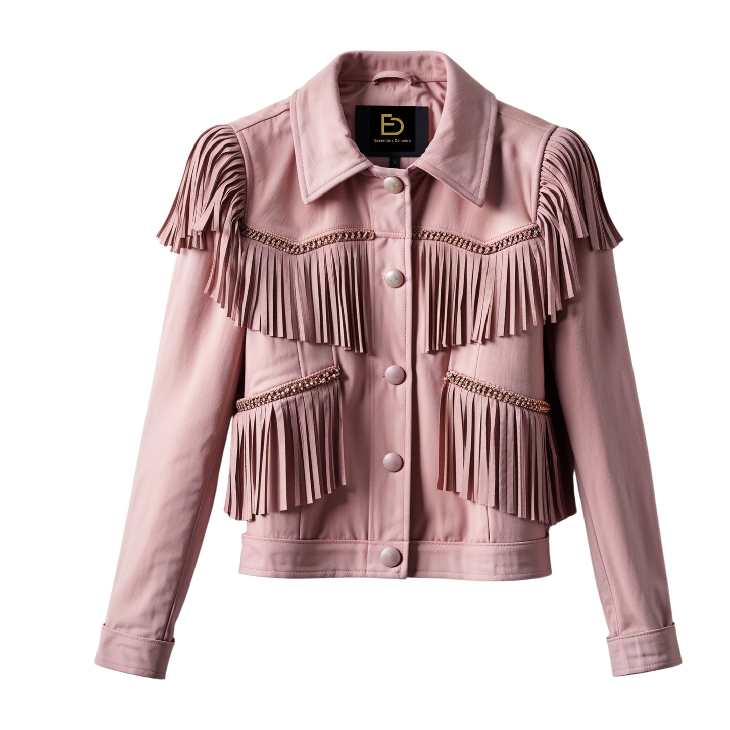 Dusty Pink Real Leather Fringe Jacket – Western Style Cropped Blazer
