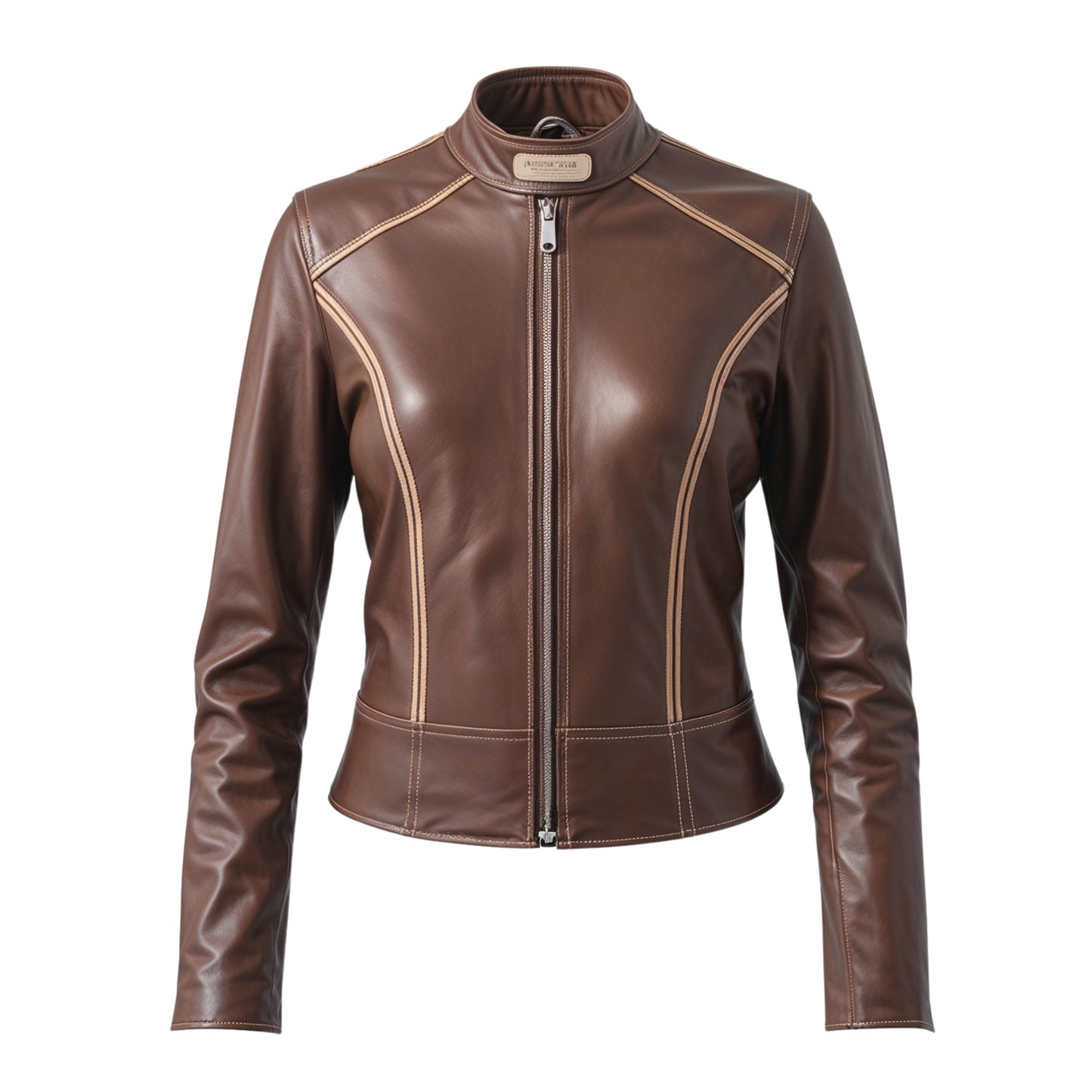 Brown Leather Cafe Racer Jacket: Stand Collar, Contrast Piping, Zip Front Coat