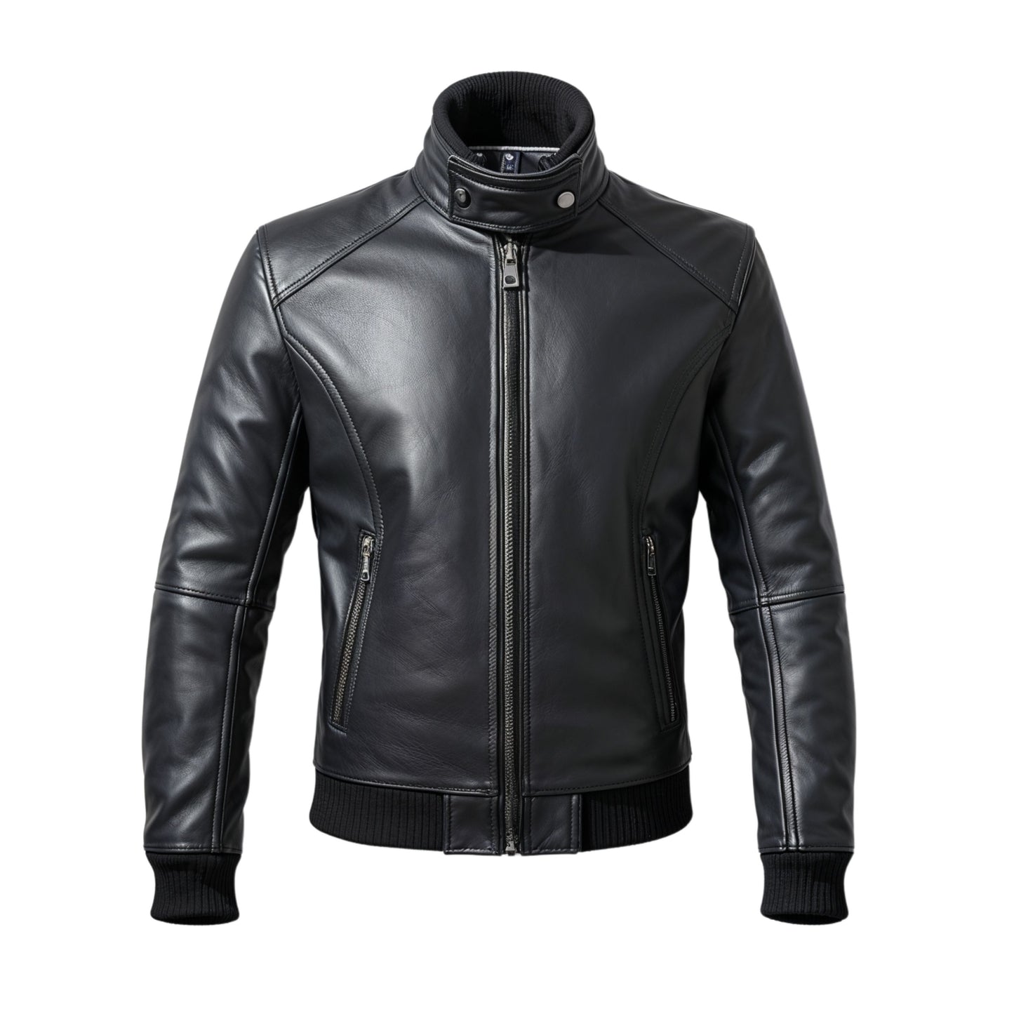 Men's Black Real Leather Bomber Jacket with Ribbed Cuffs and Hem