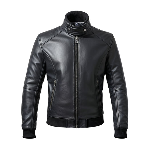 Men's Black Real Leather Bomber Jacket with Ribbed Cuffs and Hem