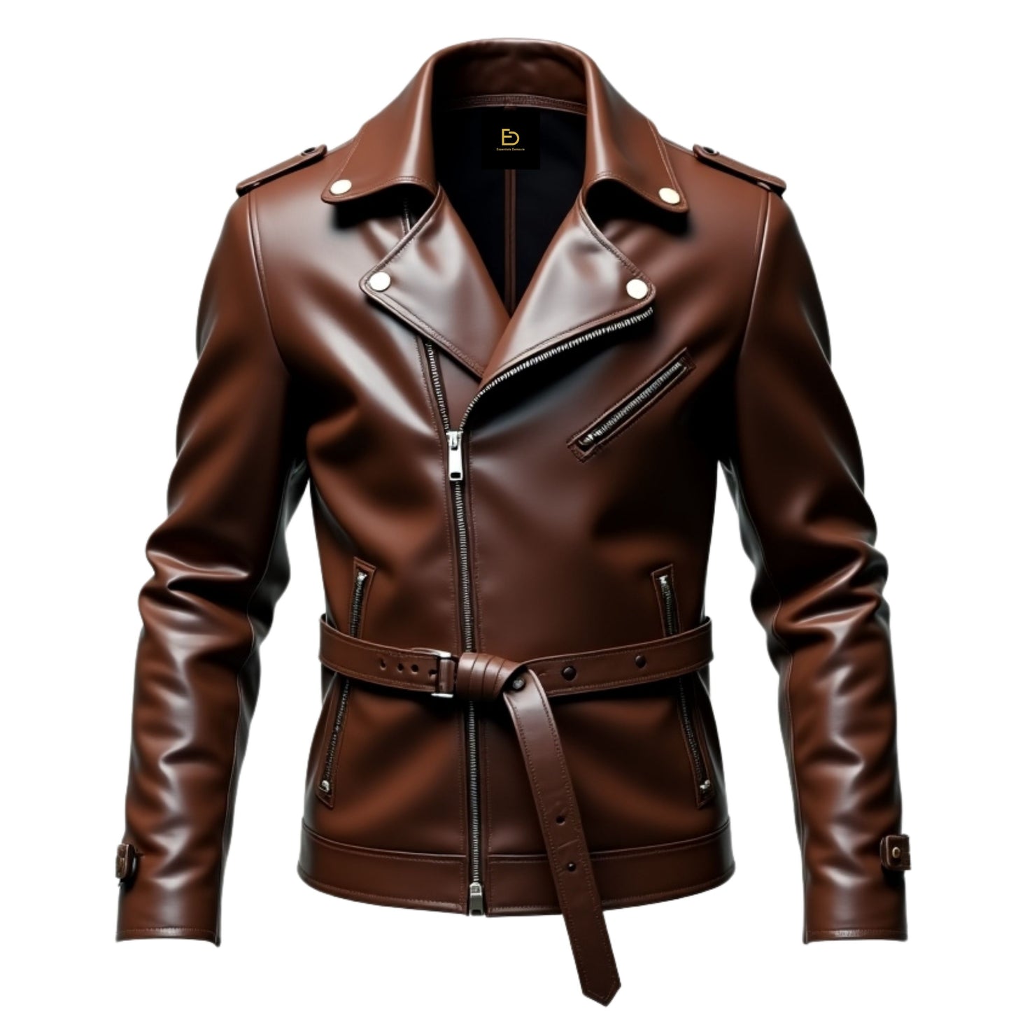 Men's Brown Real Leather Biker Jacket with Belted Waist and Asymmetric Zipper
