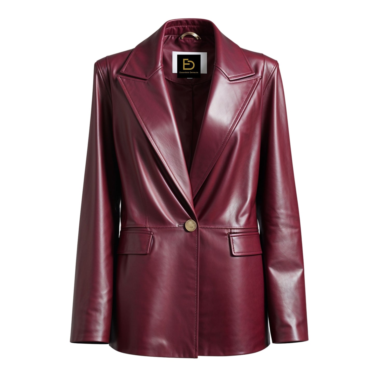 Women's Burgundy Leather Blazer Jacket: Single Button, Lapel, Slim Fit Office Coat