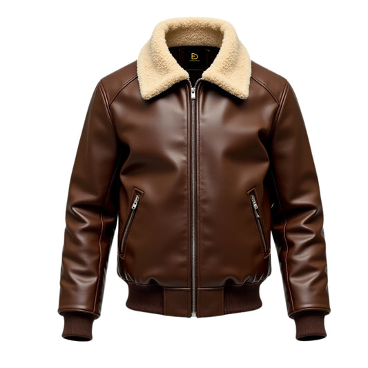 Men's Brown Leather Bomber Jacket with Sherpa Collar – Classic Aviator Winter Style
