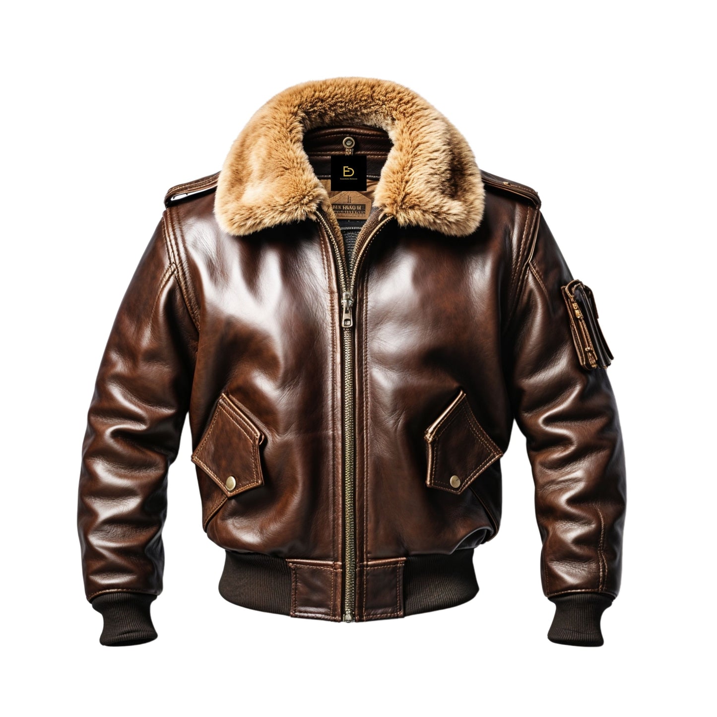 Men's Brown Leather Bomber Jacket with Faux Fur Collar, Ribbed Cuffs, Zipper Pockets