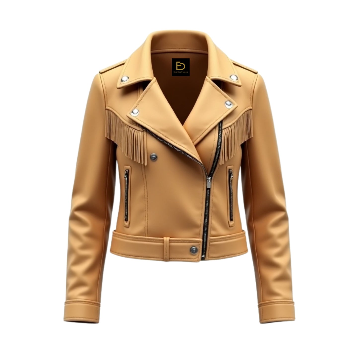 Camel Real Leather Fringed Biker Jacket – Moto Style Asymmetrical Zipper