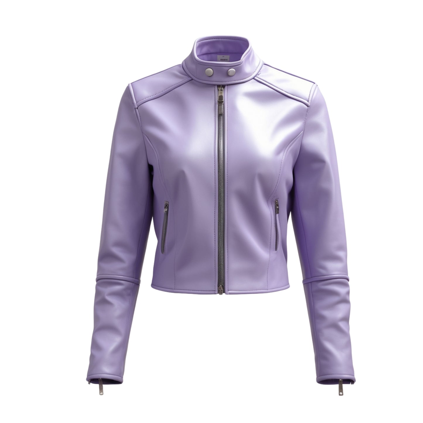Women's Lavender Purple Real Leather Moto Jacket, Zip Front Stand Collar Slim Coat