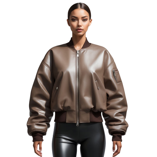 Women's Taupe Brown Leather Bomber Jacket: Oversized, Arm Zip Pocket, Ribbed Trim