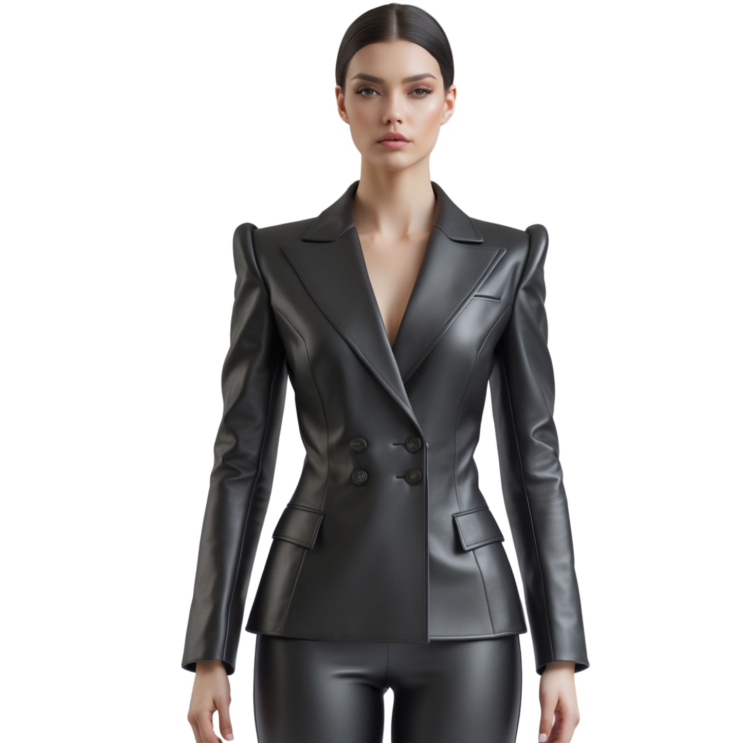 Black Real Leather Blazer Jacket: Double Breasted, Tailored Fit, Puff Shoulder Coat