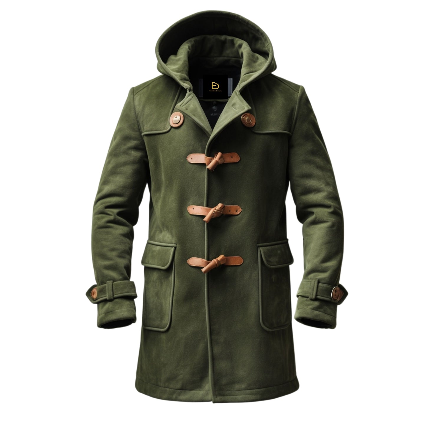 Men's Green Duffle Coat with Hood and Wooden Toggle Closures – Stylish Winter Outerwear