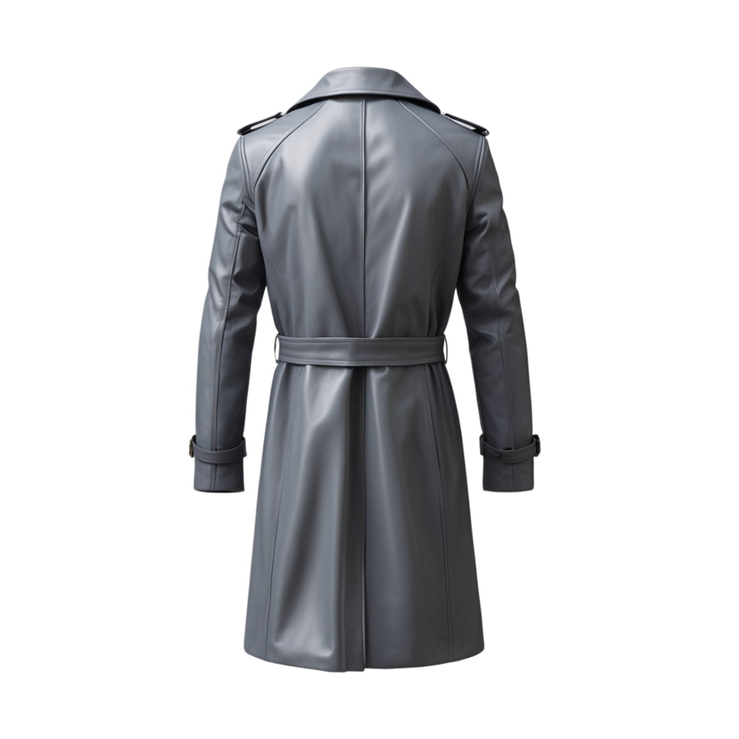 Gray Real Leather Trench Coat: Double Breasted, Belted Waist, Longline Classic Wear