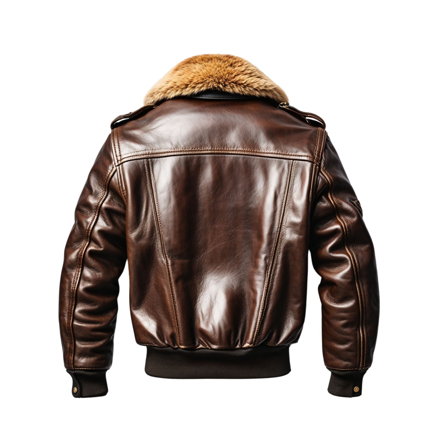 Men's Brown Leather Bomber Jacket with Faux Fur Collar, Ribbed Cuffs, Zipper Pockets