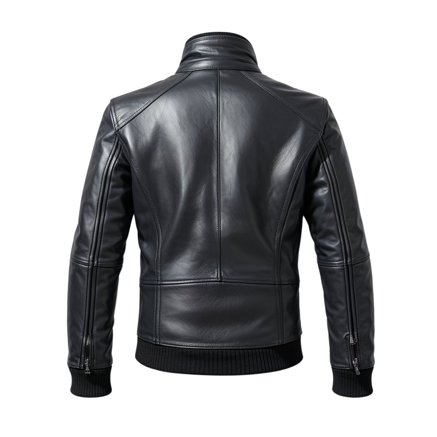 Men's Black Real Leather Bomber Jacket with Ribbed Cuffs and Hem