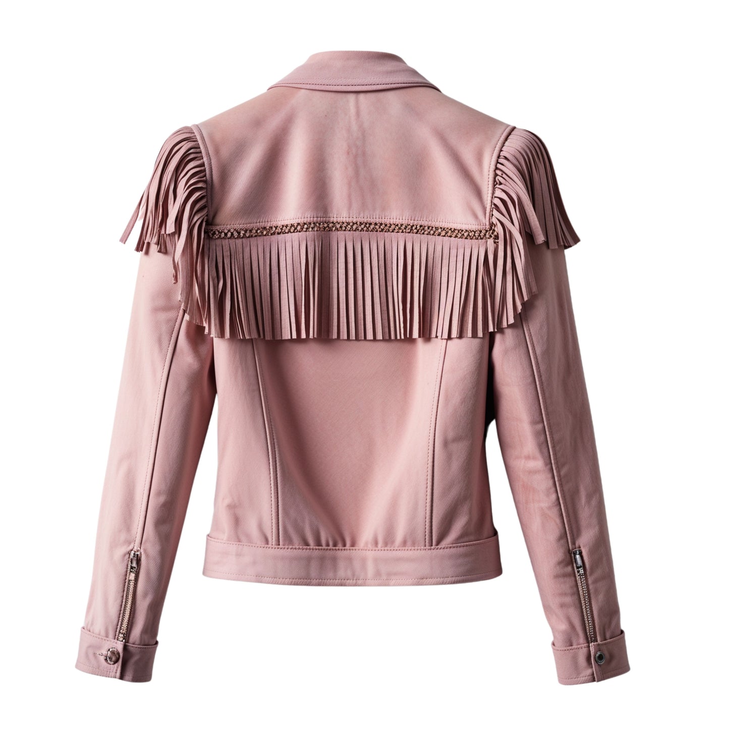 Dusty Pink Real Leather Fringe Jacket – Western Style Cropped Blazer