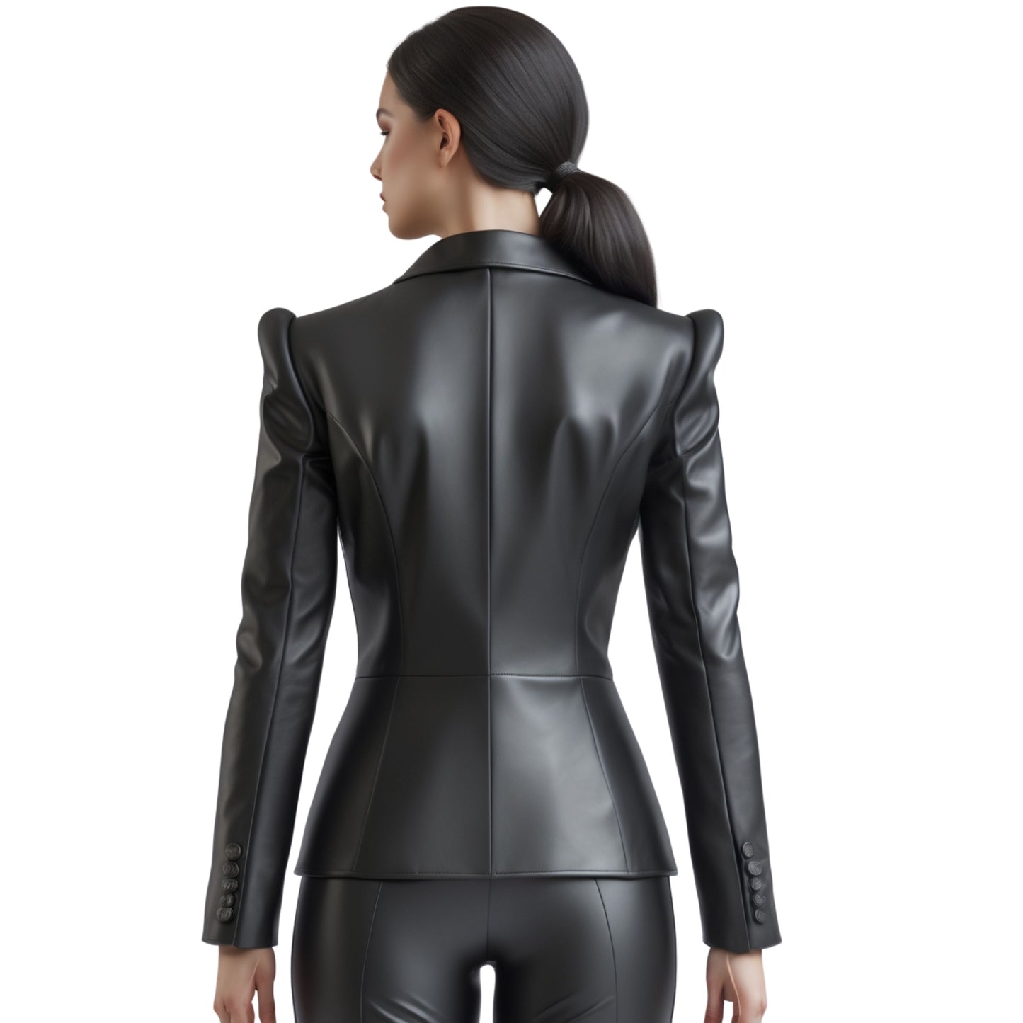 Black Real Leather Blazer Jacket: Double Breasted, Tailored Fit, Puff Shoulder Coat
