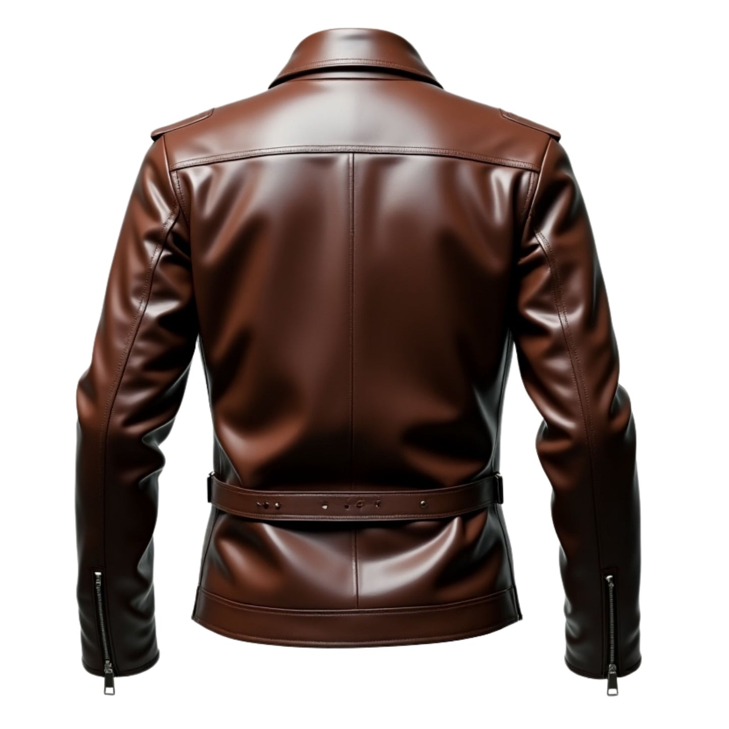 Men's Brown Real Leather Biker Jacket with Belted Waist and Asymmetric Zipper