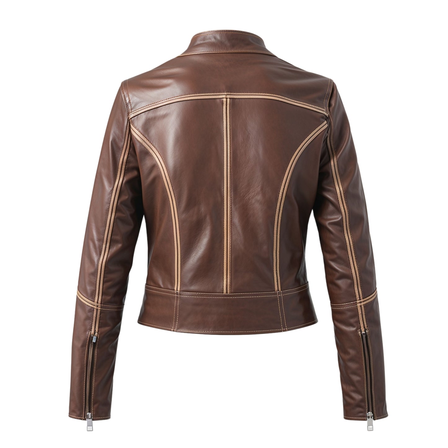 Brown Leather Cafe Racer Jacket: Stand Collar, Contrast Piping, Zip Front Coat
