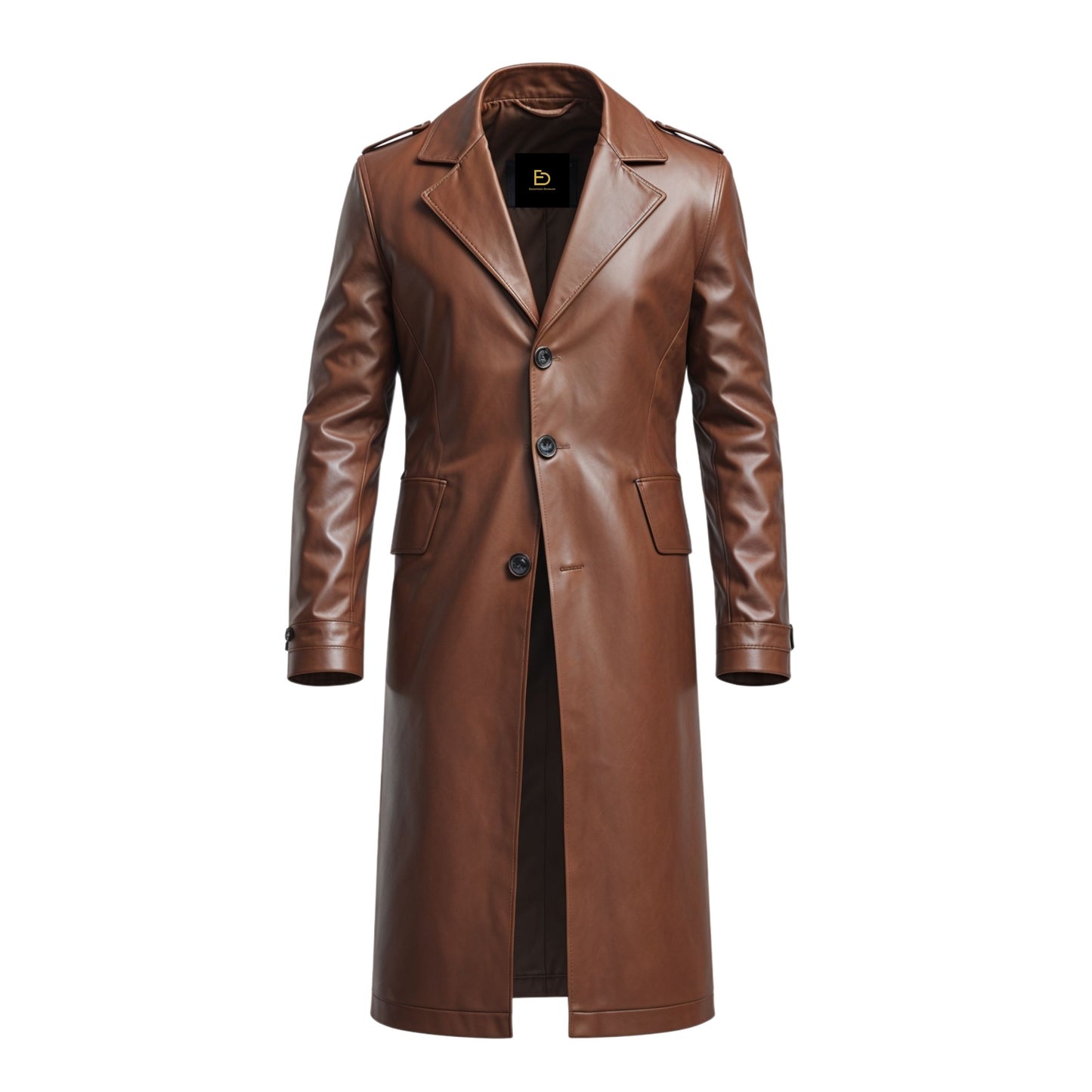 Brown Real Leather Long Overcoat: Classic Notch Lapel, Tailored Fit Outerwear