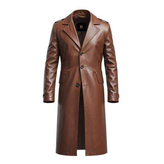 Brown Real Leather Long Overcoat: Classic Notch Lapel, Tailored Fit Outerwear