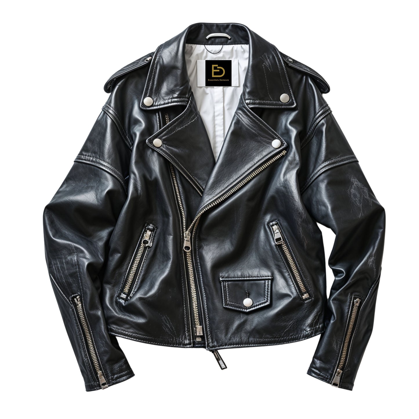 Womens Real Leather Black Oversized Moto Jacket Asymmetrical Zip Front Snap Lapel Biker Outerwear