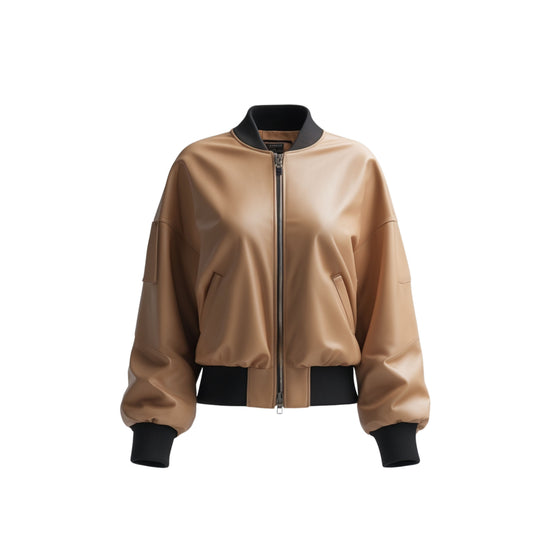 Women's Camel Tan Leather Bomber Jacket, Black Ribbed Trim, Oversized Puff Sleeve