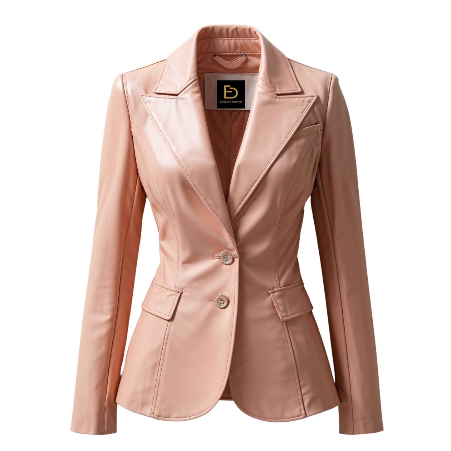 Women's Blush Pink Real Leather Blazer Jacket with Notched Lapel, Two-Button Front, Flap Pockets