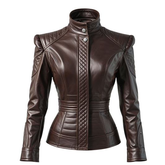Women's Dark Brown Quilted Leather Jacket – Stand Collar Snap Button Slim Fit Motorcycle Coat