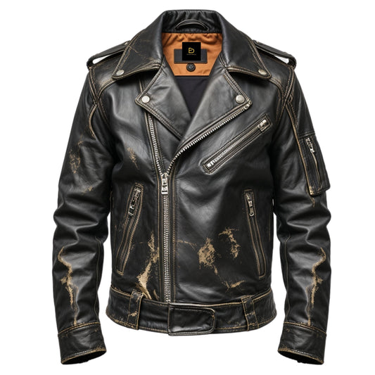 Vintage Style Distressed Black Real Leather Biker Jacket Men Asymmetrical Zipper Adjustable Waist Belt