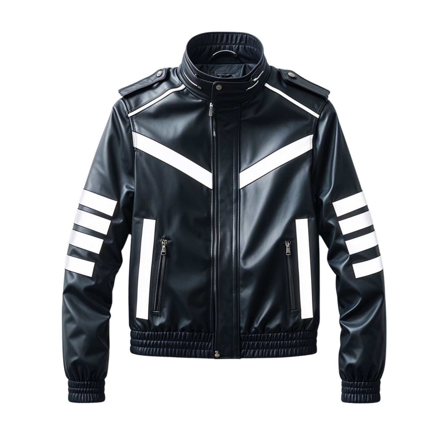 Men's Black Real Leather Jacket with White Stripes, Stand Collar Sporty Style
