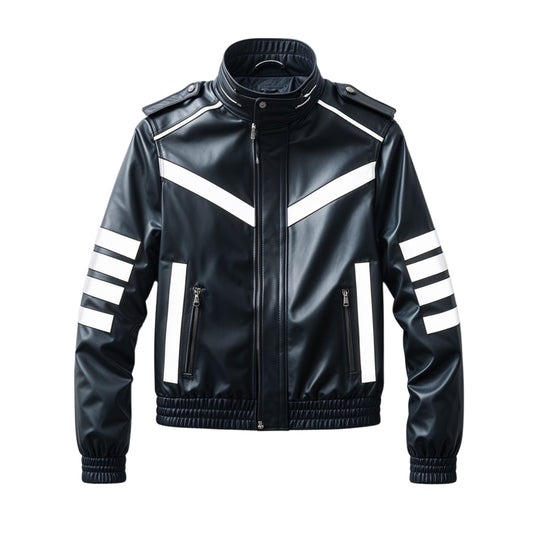 Men's Black Real Leather Jacket with White Stripes, Stand Collar Sporty Style